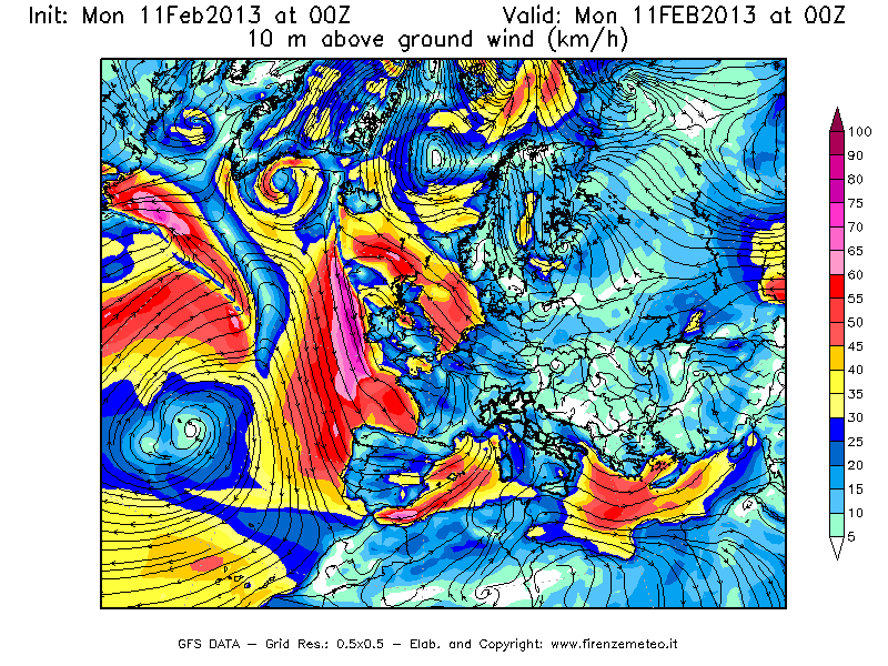 Mappa di analisi GFS - Velocità del vento a 10 metri dal suolo [km/h] in Europa
							del 11/02/2013 00 <!--googleoff: index-->UTC<!--googleon: index-->