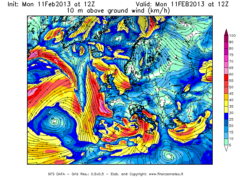 Mappa di analisi GFS - Velocità del vento a 10 metri dal suolo [km/h] in Europa
							del 11/02/2013 12 <!--googleoff: index-->UTC<!--googleon: index-->