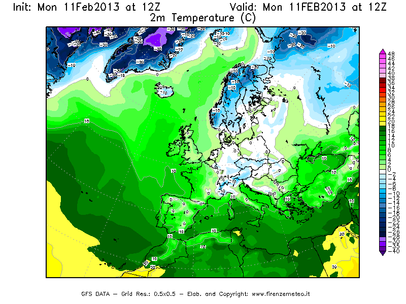 Mappa di analisi GFS - Temperatura a 2 metri dal suolo [°C] in Europa
							del 11/02/2013 12 <!--googleoff: index-->UTC<!--googleon: index-->
