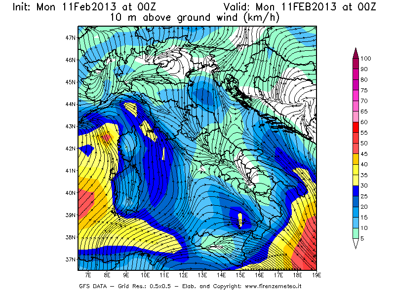 Mappa di analisi GFS - Velocità del vento a 10 metri dal suolo [km/h] in Italia
							del 11/02/2013 00 <!--googleoff: index-->UTC<!--googleon: index-->
