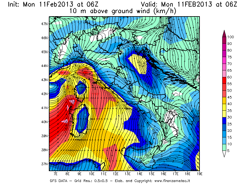 Mappa di analisi GFS - Velocità del vento a 10 metri dal suolo [km/h] in Italia
							del 11/02/2013 06 <!--googleoff: index-->UTC<!--googleon: index-->