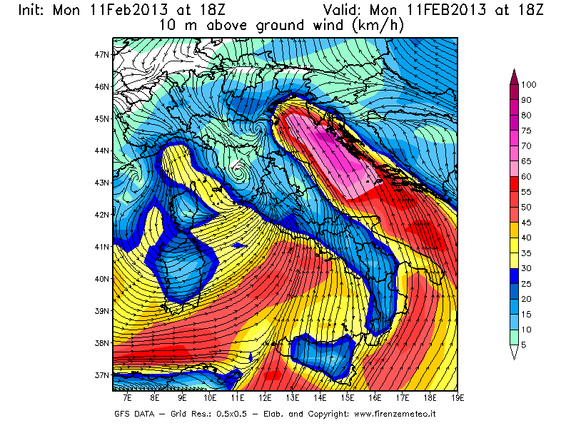 Mappa di analisi GFS - Velocità del vento a 10 metri dal suolo [km/h] in Italia
							del 11/02/2013 18 <!--googleoff: index-->UTC<!--googleon: index-->