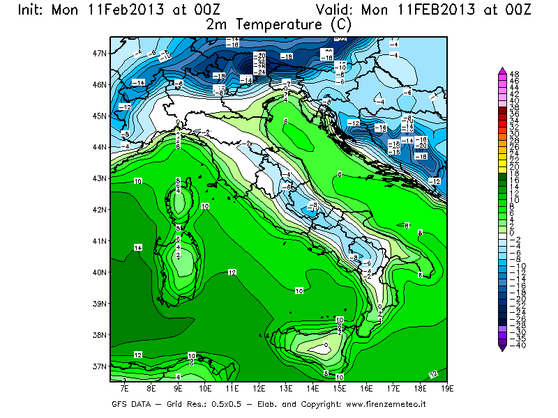 Mappa di analisi GFS - Temperatura a 2 metri dal suolo [°C] in Italia
							del 11/02/2013 00 <!--googleoff: index-->UTC<!--googleon: index-->