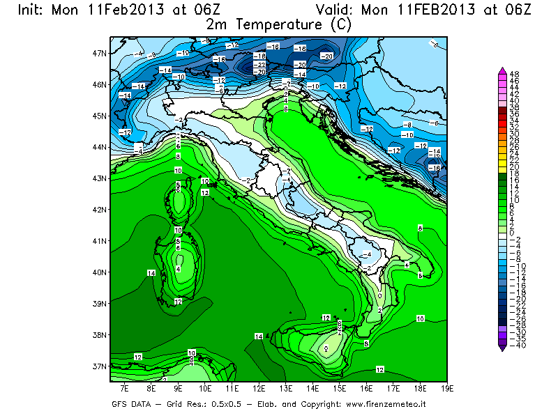 Mappa di analisi GFS - Temperatura a 2 metri dal suolo [°C] in Italia
							del 11/02/2013 06 <!--googleoff: index-->UTC<!--googleon: index-->