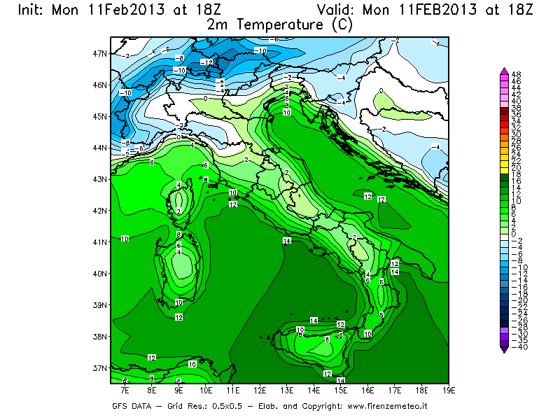 Mappa di analisi GFS - Temperatura a 2 metri dal suolo [°C] in Italia
							del 11/02/2013 18 <!--googleoff: index-->UTC<!--googleon: index-->