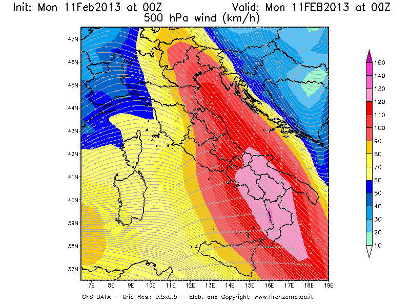 Mappa di analisi GFS - Velocità del vento a 500 hPa [km/h] in Italia
							del 11/02/2013 00 <!--googleoff: index-->UTC<!--googleon: index-->