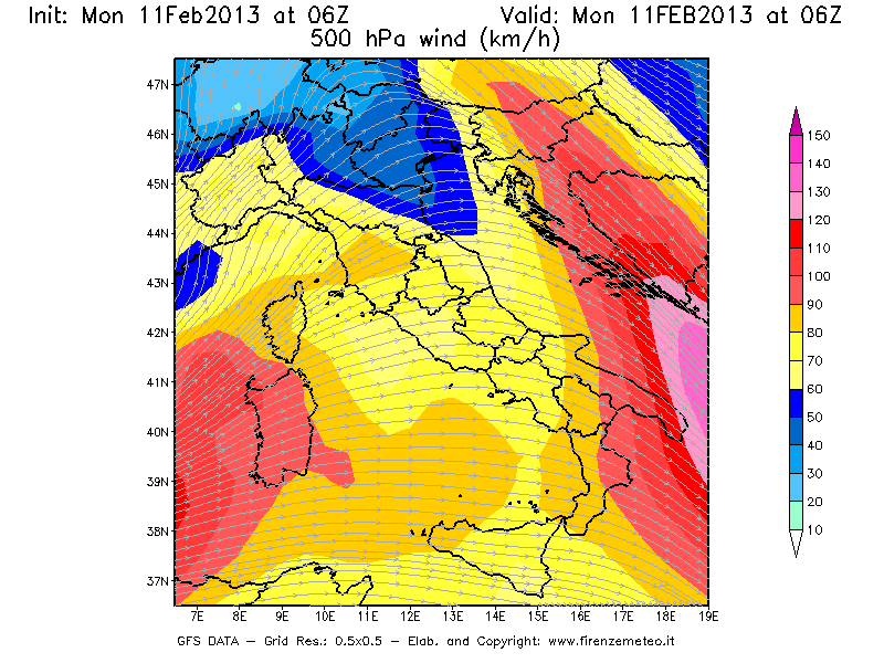 Mappa di analisi GFS - Velocità del vento a 500 hPa [km/h] in Italia
							del 11/02/2013 06 <!--googleoff: index-->UTC<!--googleon: index-->
