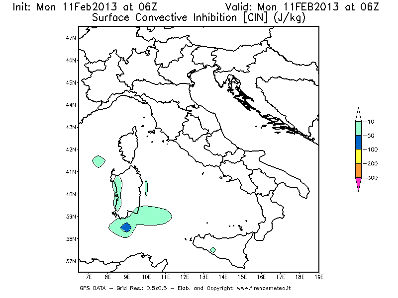 Mappa di analisi GFS - CIN [J/kg] in Italia
							del 11/02/2013 06 <!--googleoff: index-->UTC<!--googleon: index-->