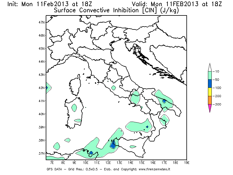 Mappa di analisi GFS - CIN [J/kg] in Italia
							del 11/02/2013 18 <!--googleoff: index-->UTC<!--googleon: index-->
