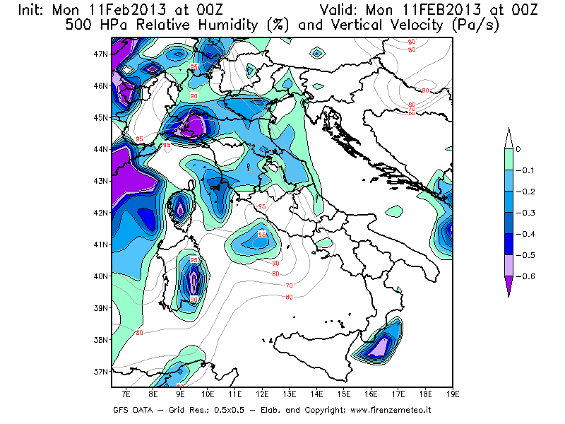 Mappa di analisi GFS - Umidità relativa [%] e Omega [Pa/s] a 500 hPa in Italia
							del 11/02/2013 00 <!--googleoff: index-->UTC<!--googleon: index-->