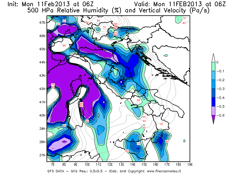 Mappa di analisi GFS - Umidità relativa [%] e Omega [Pa/s] a 500 hPa in Italia
							del 11/02/2013 06 <!--googleoff: index-->UTC<!--googleon: index-->