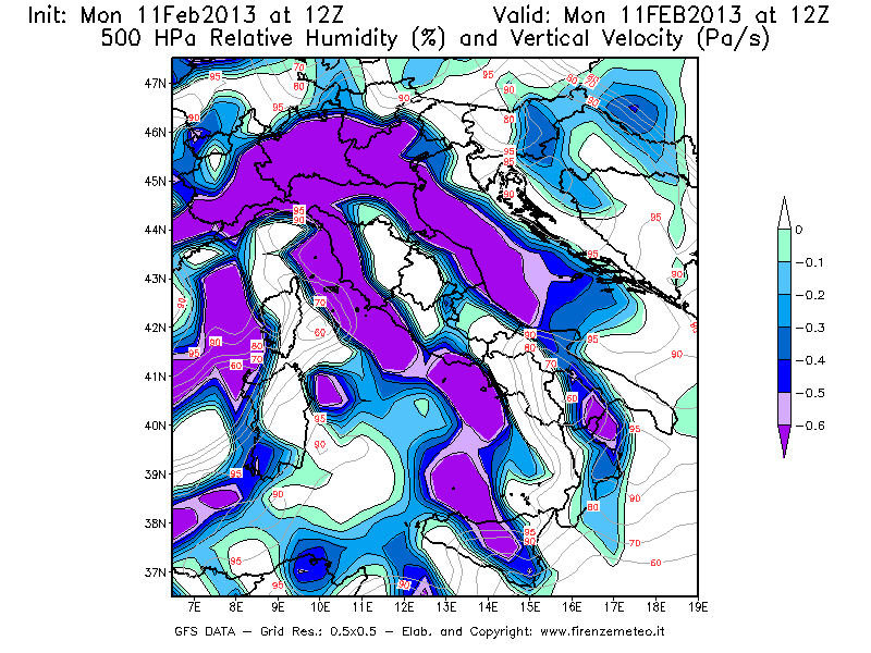 Mappa di analisi GFS - Umidità relativa [%] e Omega [Pa/s] a 500 hPa in Italia
							del 11/02/2013 12 <!--googleoff: index-->UTC<!--googleon: index-->