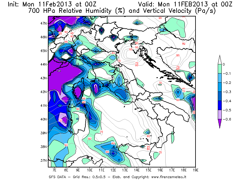 Mappa di analisi GFS - Umidità relativa [%] e Omega [Pa/s] a 700 hPa in Italia
							del 11/02/2013 00 <!--googleoff: index-->UTC<!--googleon: index-->