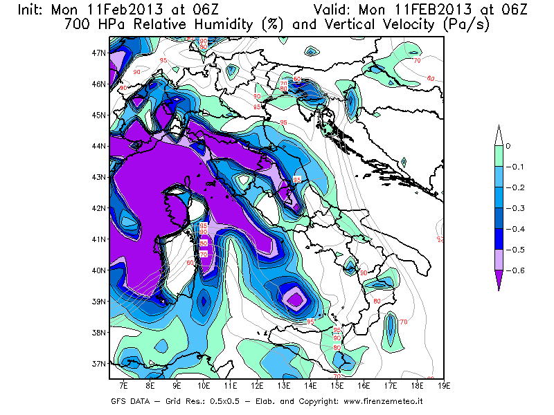 Mappa di analisi GFS - Umidità relativa [%] e Omega [Pa/s] a 700 hPa in Italia
							del 11/02/2013 06 <!--googleoff: index-->UTC<!--googleon: index-->