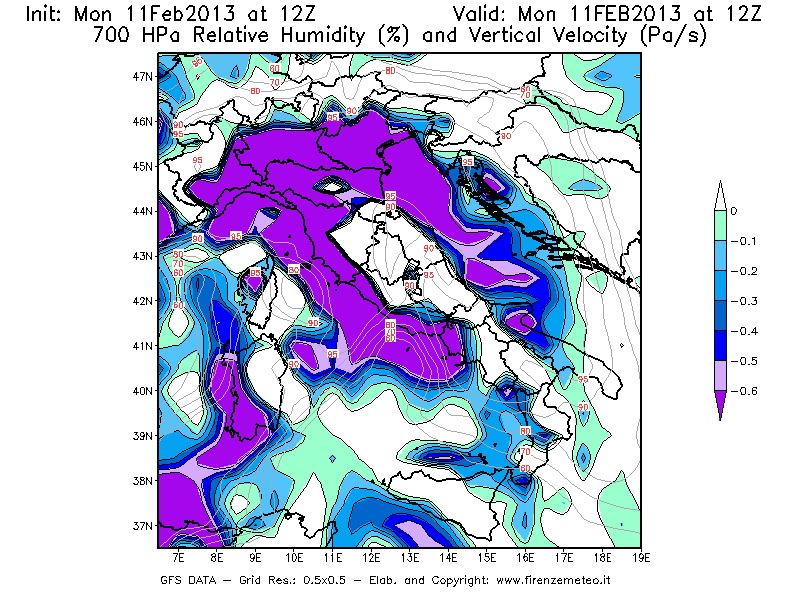 Mappa di analisi GFS - Umidità relativa [%] e Omega [Pa/s] a 700 hPa in Italia
							del 11/02/2013 12 <!--googleoff: index-->UTC<!--googleon: index-->