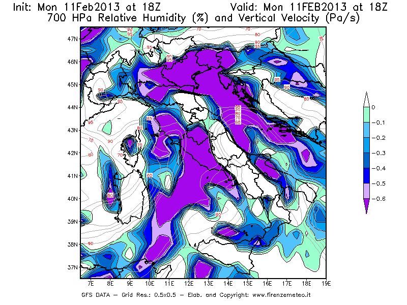 Mappa di analisi GFS - Umidità relativa [%] e Omega [Pa/s] a 700 hPa in Italia
							del 11/02/2013 18 <!--googleoff: index-->UTC<!--googleon: index-->