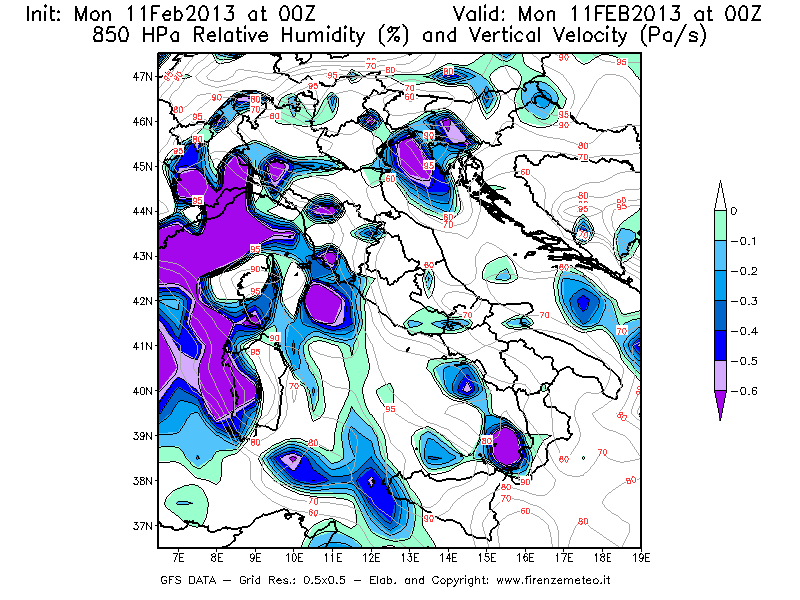 Mappa di analisi GFS - Umidità relativa [%] e Omega [Pa/s] a 850 hPa in Italia
							del 11/02/2013 00 <!--googleoff: index-->UTC<!--googleon: index-->