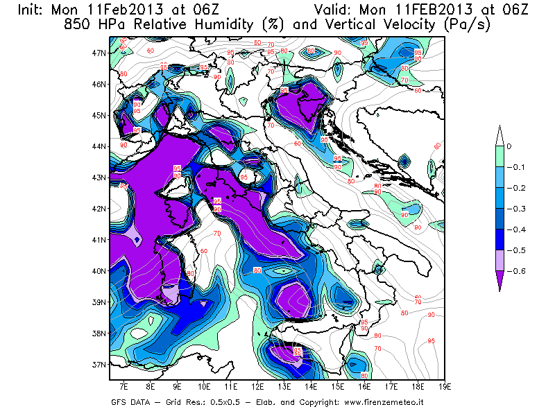 Mappa di analisi GFS - Umidità relativa [%] e Omega [Pa/s] a 850 hPa in Italia
							del 11/02/2013 06 <!--googleoff: index-->UTC<!--googleon: index-->