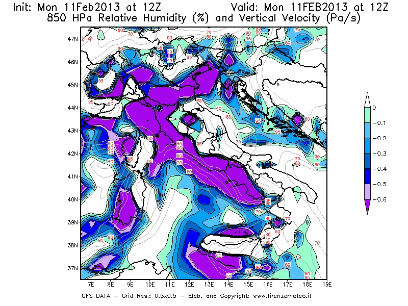 Mappa di analisi GFS - Umidità relativa [%] e Omega [Pa/s] a 850 hPa in Italia
							del 11/02/2013 12 <!--googleoff: index-->UTC<!--googleon: index-->