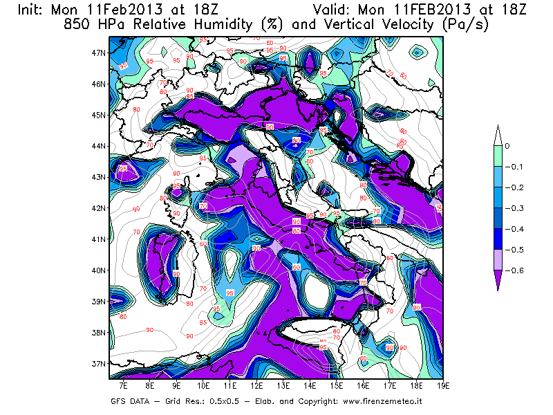 Mappa di analisi GFS - Umidità relativa [%] e Omega [Pa/s] a 850 hPa in Italia
							del 11/02/2013 18 <!--googleoff: index-->UTC<!--googleon: index-->