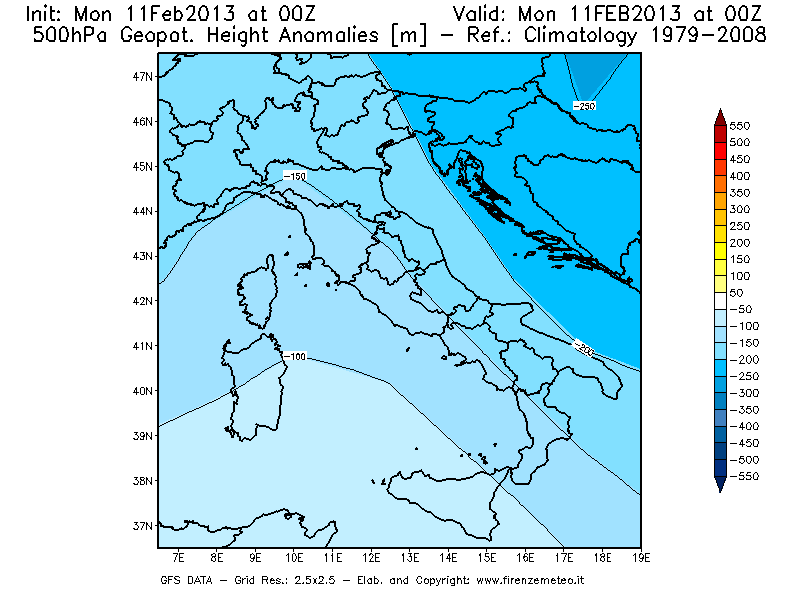Mappa di analisi GFS - Anomalia di Geopotenziale a 500 hPa in Italia
							del 11/02/2013 00 <!--googleoff: index-->UTC<!--googleon: index-->