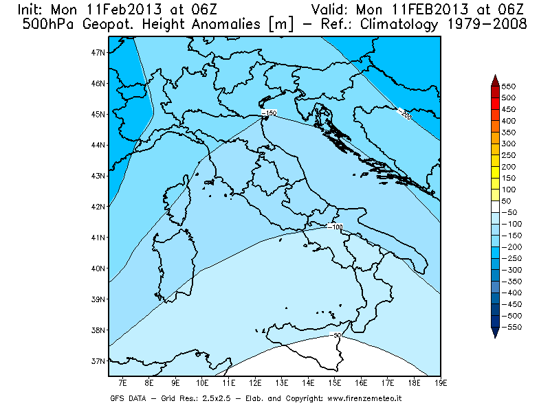 Mappa di analisi GFS - Anomalia di Geopotenziale a 500 hPa in Italia
							del 11/02/2013 06 <!--googleoff: index-->UTC<!--googleon: index-->