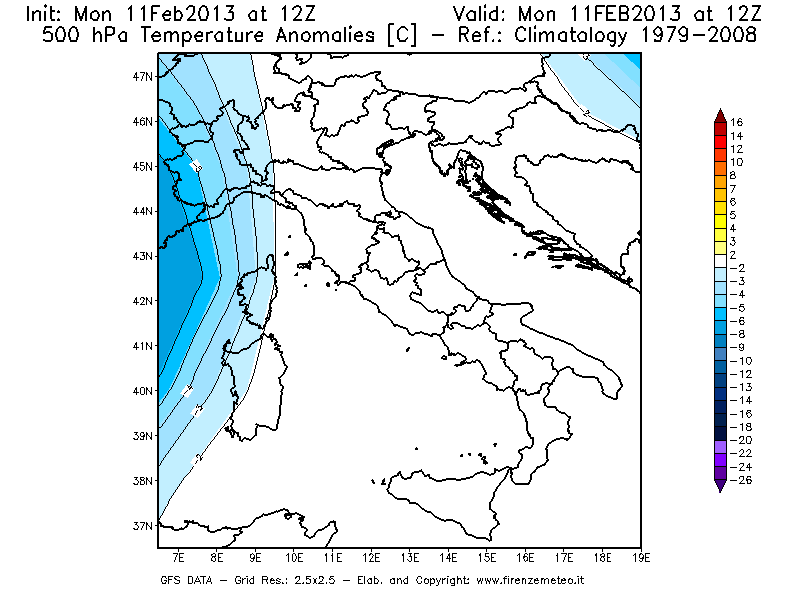 Mappa di analisi GFS - Anomalia Temperatura [°C] a 500 hPa in Italia
							del 11/02/2013 12 <!--googleoff: index-->UTC<!--googleon: index-->