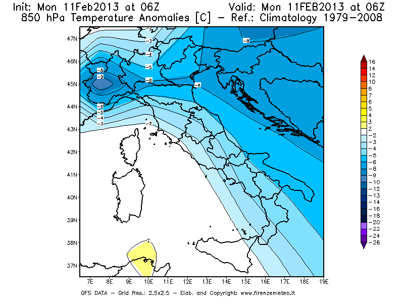 Mappa di analisi GFS - Anomalia Temperatura [°C] a 850 hPa in Italia
							del 11/02/2013 06 <!--googleoff: index-->UTC<!--googleon: index-->