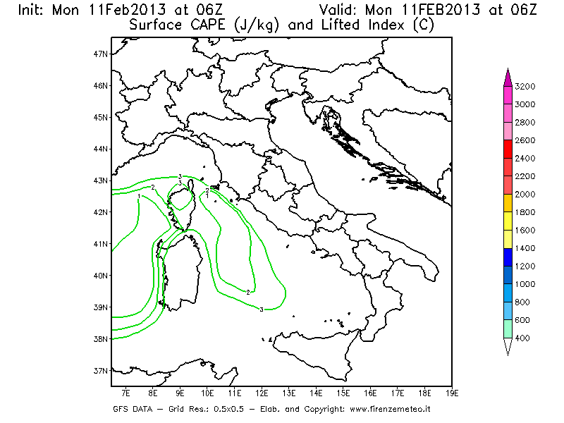 Mappa di analisi GFS - CAPE [J/kg] e Lifted Index [°C] in Italia
							del 11/02/2013 06 <!--googleoff: index-->UTC<!--googleon: index-->