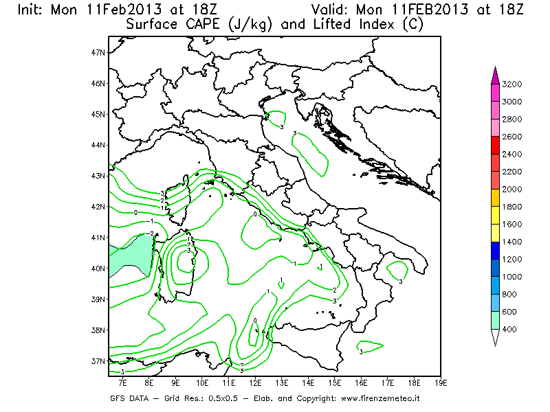 Mappa di analisi GFS - CAPE [J/kg] e Lifted Index [°C] in Italia
							del 11/02/2013 18 <!--googleoff: index-->UTC<!--googleon: index-->