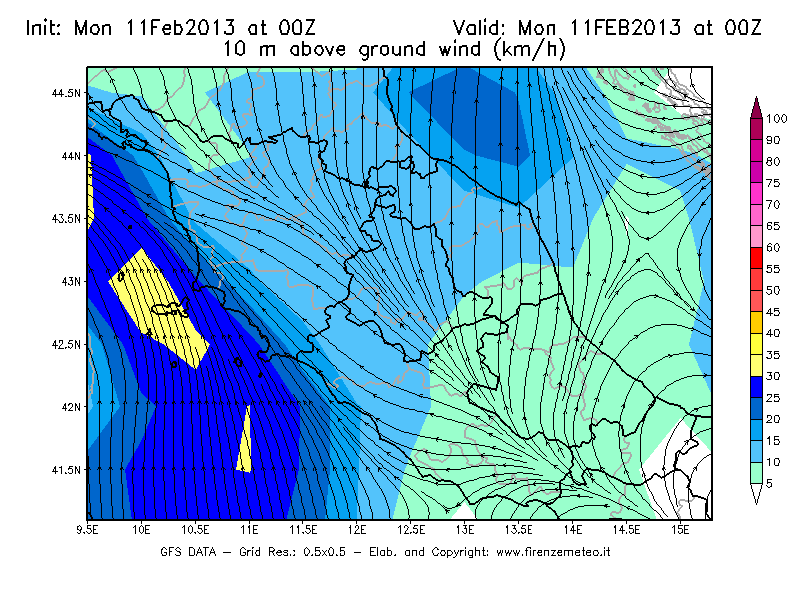 Mappa di analisi GFS - Velocità del vento a 10 metri dal suolo [km/h] in Centro-Italia
							del 11/02/2013 00 <!--googleoff: index-->UTC<!--googleon: index-->