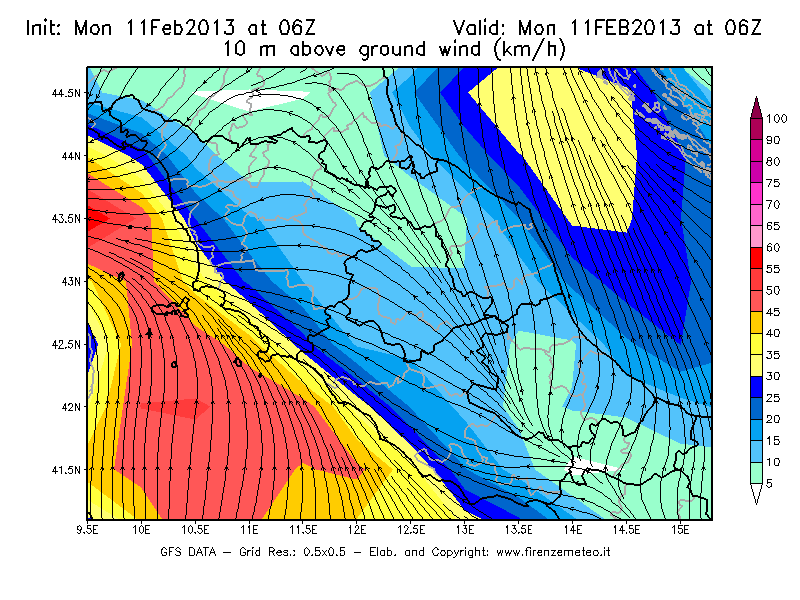 Mappa di analisi GFS - Velocità del vento a 10 metri dal suolo [km/h] in Centro-Italia
							del 11/02/2013 06 <!--googleoff: index-->UTC<!--googleon: index-->
