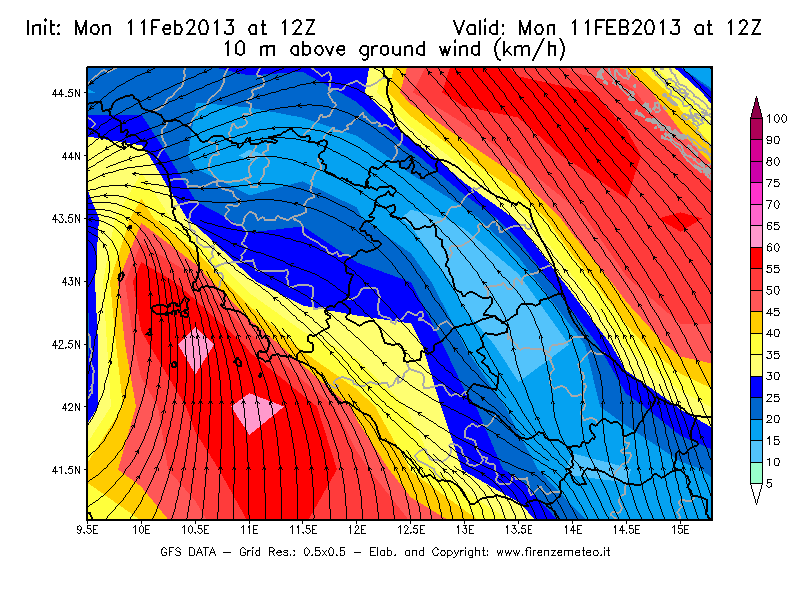 Mappa di analisi GFS - Velocità del vento a 10 metri dal suolo [km/h] in Centro-Italia
							del 11/02/2013 12 <!--googleoff: index-->UTC<!--googleon: index-->