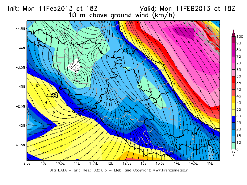 Mappa di analisi GFS - Velocità del vento a 10 metri dal suolo [km/h] in Centro-Italia
							del 11/02/2013 18 <!--googleoff: index-->UTC<!--googleon: index-->