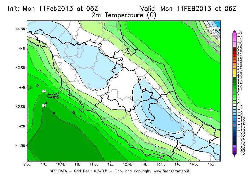 Mappa di analisi GFS - Temperatura a 2 metri dal suolo [°C] in Centro-Italia
							del 11/02/2013 06 <!--googleoff: index-->UTC<!--googleon: index-->