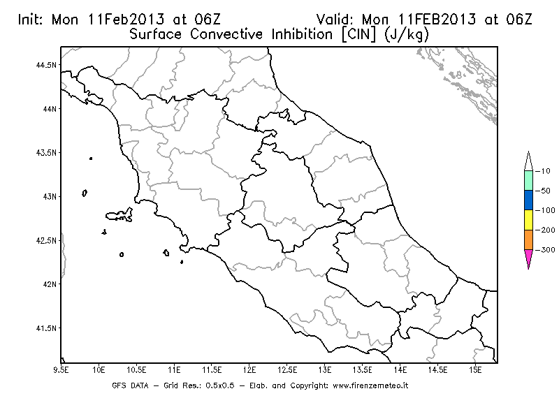 Mappa di analisi GFS - CIN [J/kg] in Centro-Italia
							del 11/02/2013 06 <!--googleoff: index-->UTC<!--googleon: index-->