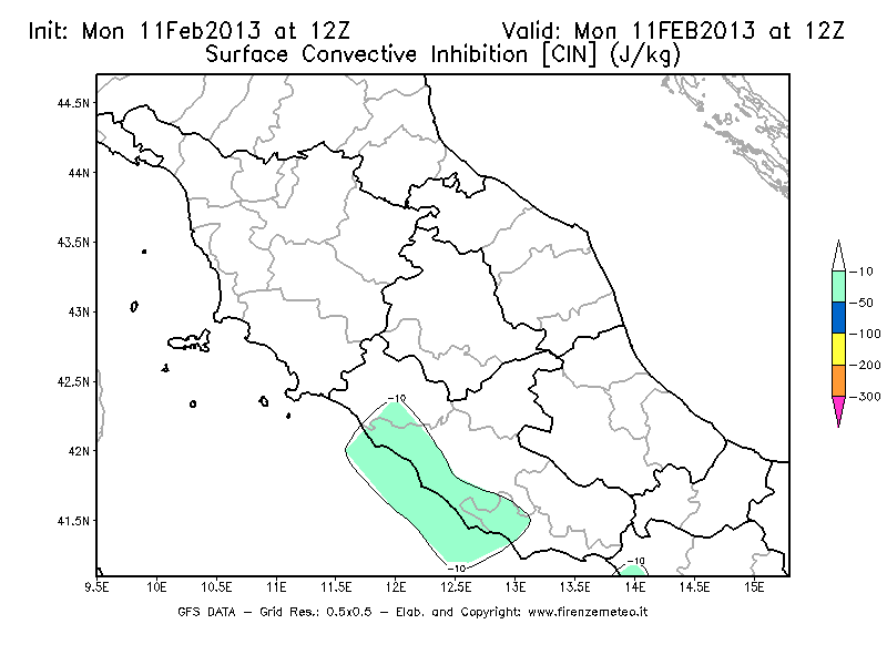 Mappa di analisi GFS - CIN [J/kg] in Centro-Italia
							del 11/02/2013 12 <!--googleoff: index-->UTC<!--googleon: index-->