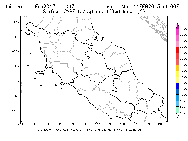 Mappa di analisi GFS - CAPE [J/kg] e Lifted Index [°C] in Centro-Italia
							del 11/02/2013 00 <!--googleoff: index-->UTC<!--googleon: index-->