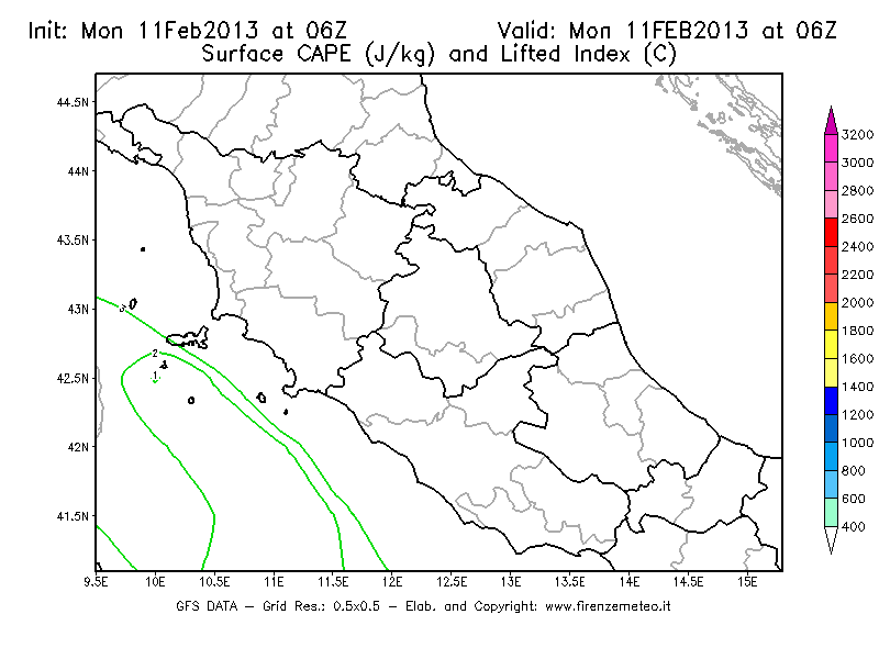Mappa di analisi GFS - CAPE [J/kg] e Lifted Index [°C] in Centro-Italia
							del 11/02/2013 06 <!--googleoff: index-->UTC<!--googleon: index-->