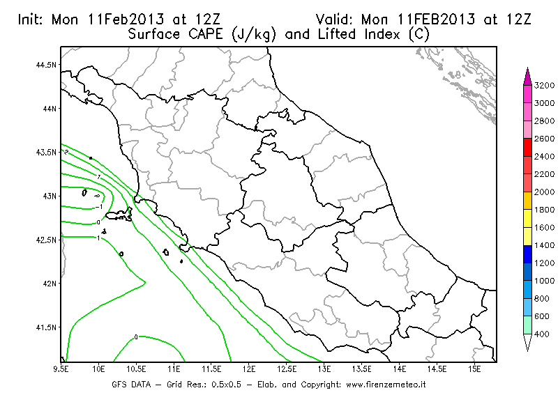 Mappa di analisi GFS - CAPE [J/kg] e Lifted Index [°C] in Centro-Italia
							del 11/02/2013 12 <!--googleoff: index-->UTC<!--googleon: index-->