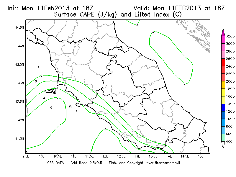 Mappa di analisi GFS - CAPE [J/kg] e Lifted Index [°C] in Centro-Italia
							del 11/02/2013 18 <!--googleoff: index-->UTC<!--googleon: index-->