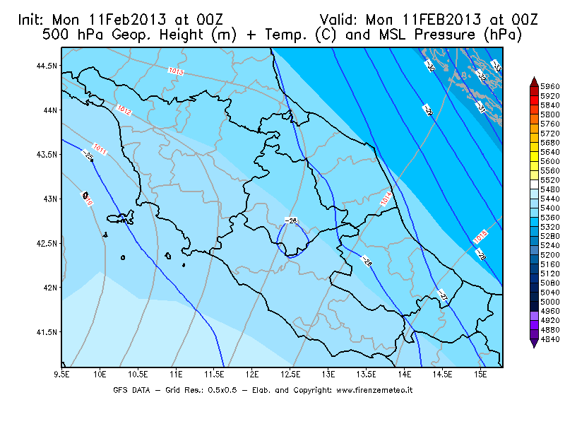 Mappa di analisi GFS - Geopotenziale [m] + Temp. [°C] a 500 hPa + Press. a livello del mare [hPa] in Centro-Italia
							del 11/02/2013 00 <!--googleoff: index-->UTC<!--googleon: index-->