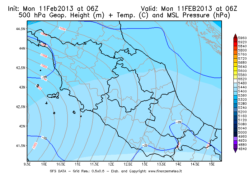 Mappa di analisi GFS - Geopotenziale [m] + Temp. [°C] a 500 hPa + Press. a livello del mare [hPa] in Centro-Italia
							del 11/02/2013 06 <!--googleoff: index-->UTC<!--googleon: index-->
