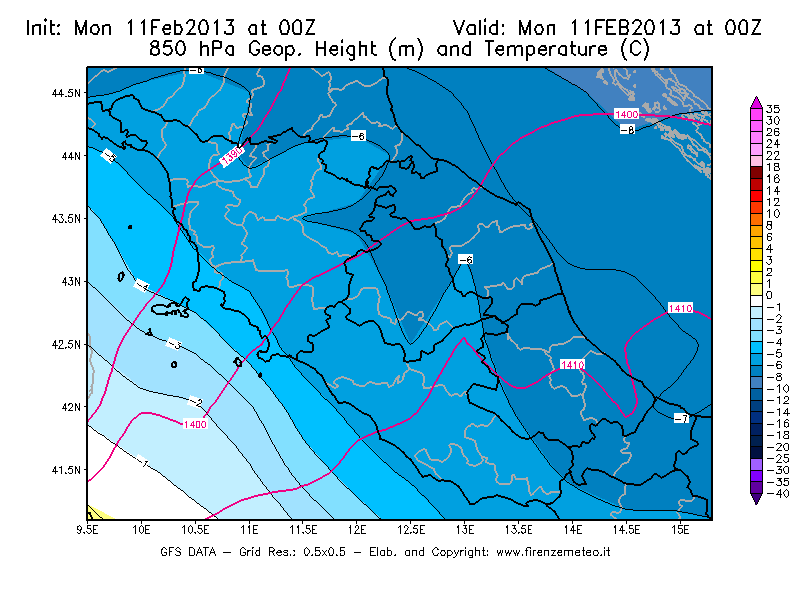 Mappa di analisi GFS - Geopotenziale [m] e Temperatura [°C] a 850 hPa in Centro-Italia
							del 11/02/2013 00 <!--googleoff: index-->UTC<!--googleon: index-->
