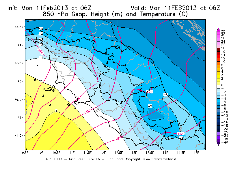 Mappa di analisi GFS - Geopotenziale [m] e Temperatura [°C] a 850 hPa in Centro-Italia
							del 11/02/2013 06 <!--googleoff: index-->UTC<!--googleon: index-->