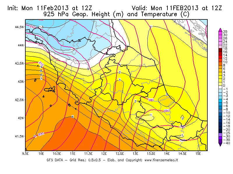 Mappa di analisi GFS - Geopotenziale [m] e Temperatura [°C] a 925 hPa in Centro-Italia
							del 11/02/2013 12 <!--googleoff: index-->UTC<!--googleon: index-->