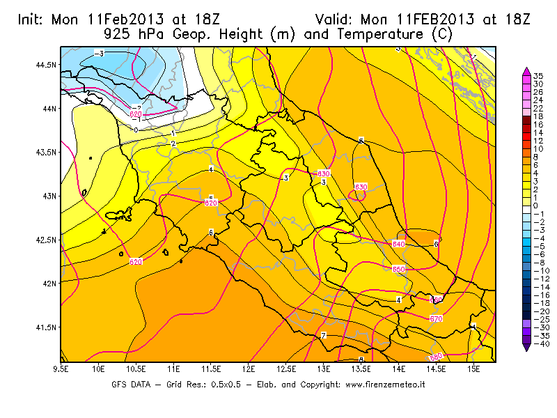 Mappa di analisi GFS - Geopotenziale [m] e Temperatura [°C] a 925 hPa in Centro-Italia
							del 11/02/2013 18 <!--googleoff: index-->UTC<!--googleon: index-->