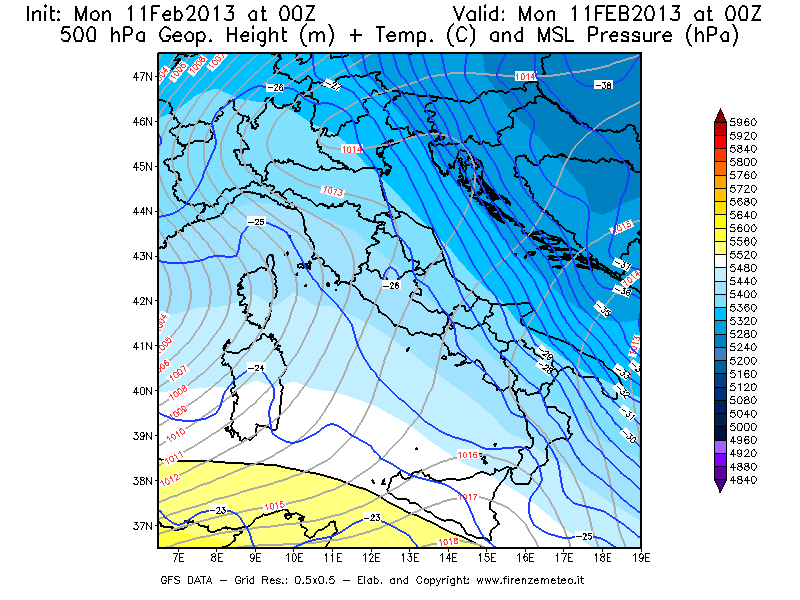 Mappa di analisi GFS - Geopotenziale [m] + Temp. [°C] a 500 hPa + Press. a livello del mare [hPa] in Italia
							del 11/02/2013 00 <!--googleoff: index-->UTC<!--googleon: index-->