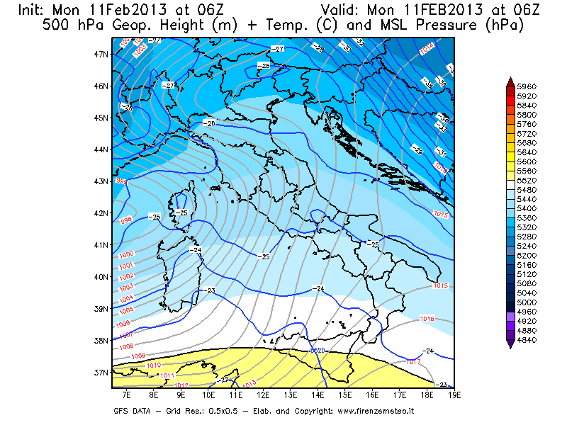 Mappa di analisi GFS - Geopotenziale [m] + Temp. [°C] a 500 hPa + Press. a livello del mare [hPa] in Italia
							del 11/02/2013 06 <!--googleoff: index-->UTC<!--googleon: index-->