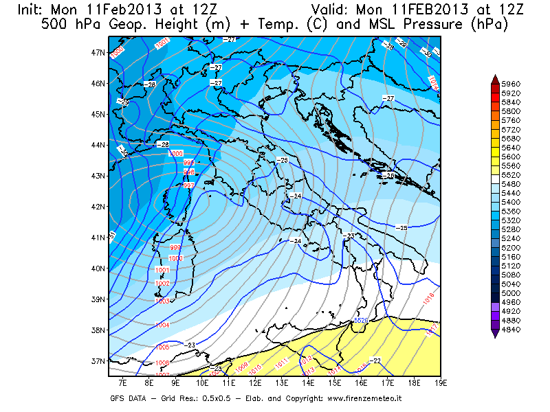 Mappa di analisi GFS - Geopotenziale [m] + Temp. [°C] a 500 hPa + Press. a livello del mare [hPa] in Italia
							del 11/02/2013 12 <!--googleoff: index-->UTC<!--googleon: index-->
